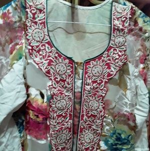Indian kurti 3pc suit red white dress w shalwar L